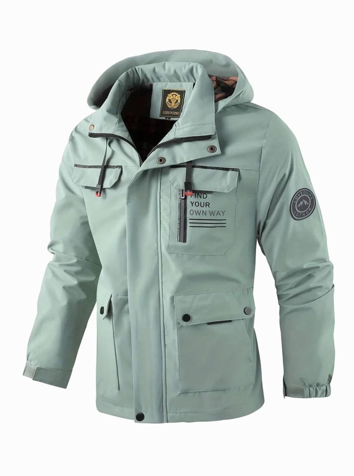 Hollis light green waterproof hooded jacket, front view