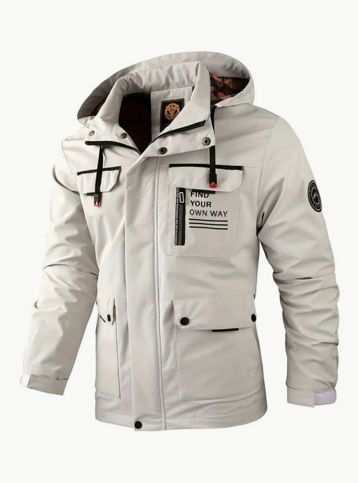 Hollis white waterproof hooded jacket, front view