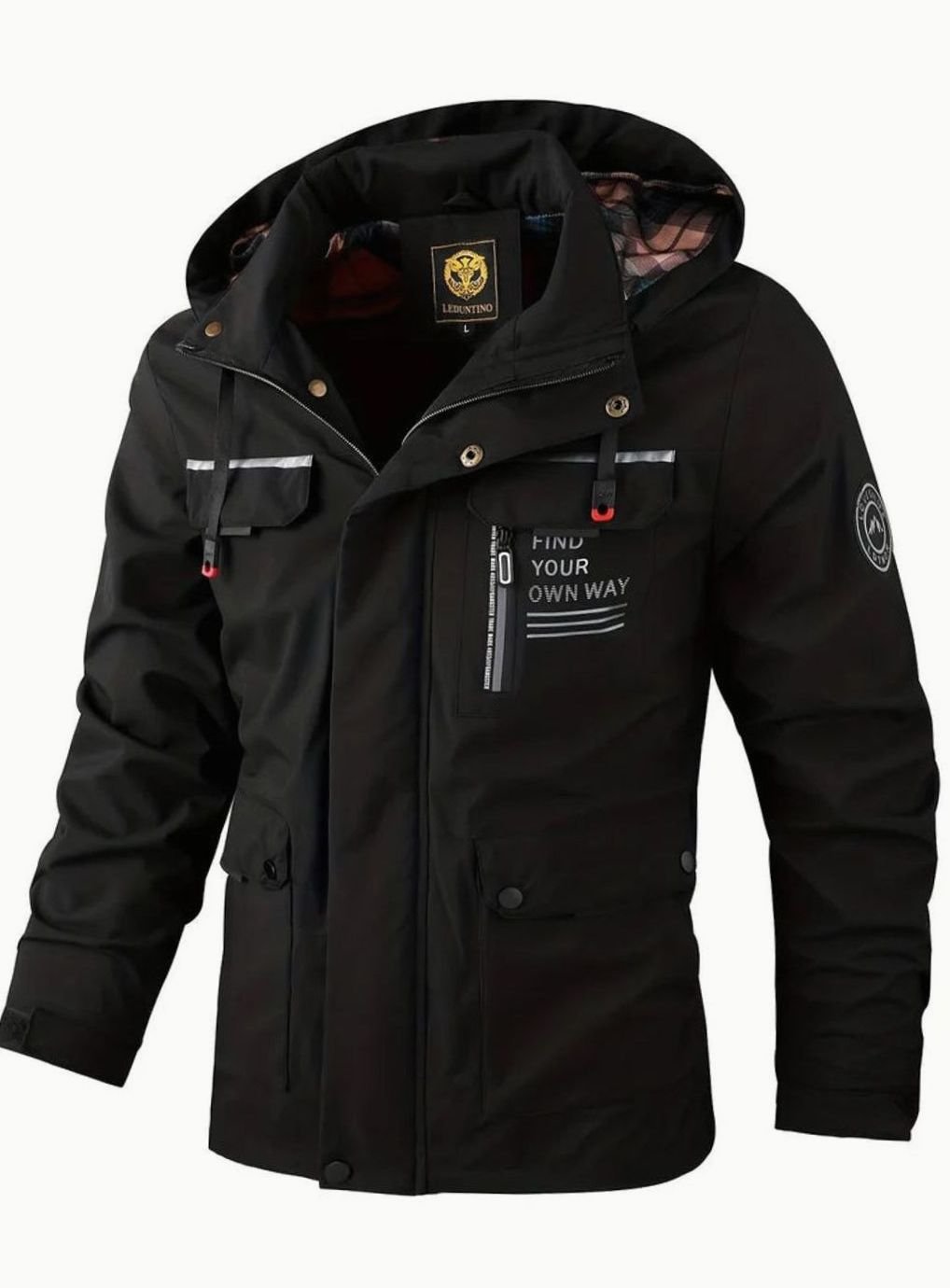 Hollis black waterproof hooded jacket, front view