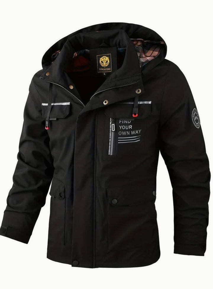 Hollis black waterproof hooded jacket, front view