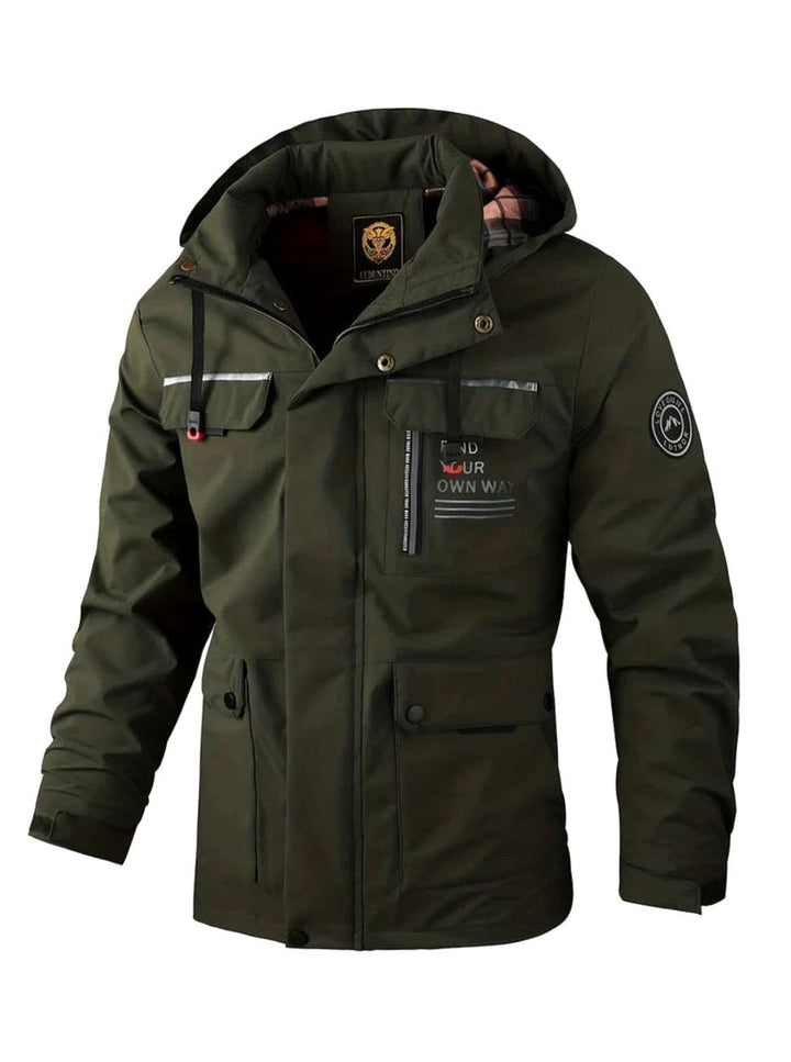 Hollis black waterproof hooded jacket, front view