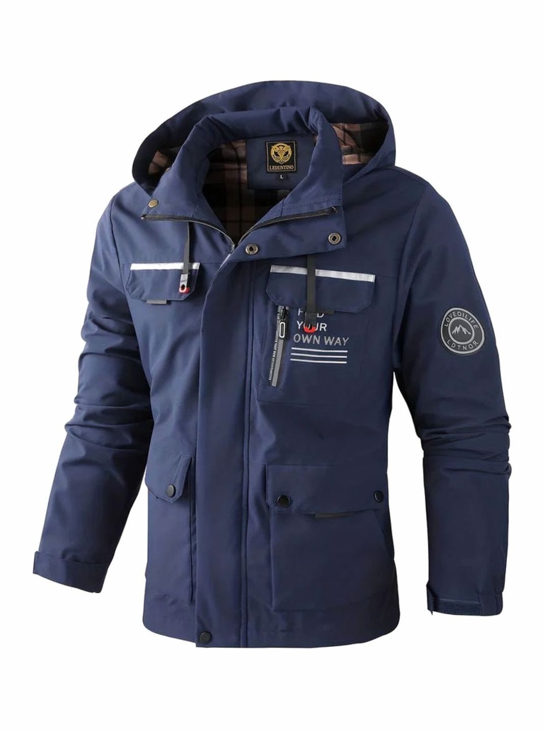 Hollis black waterproof hooded jacket, front view