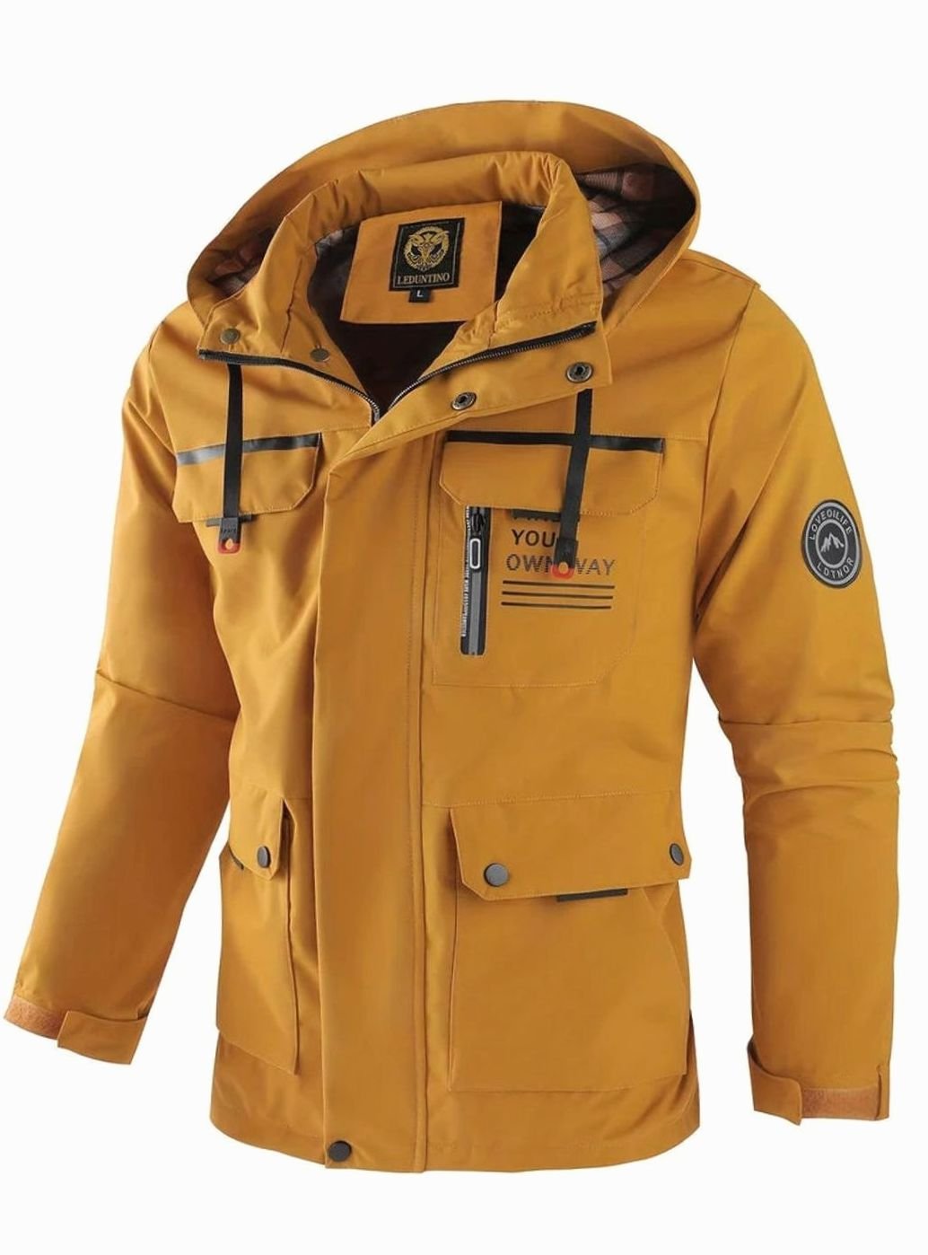 Hollis black waterproof hooded jacket, front view