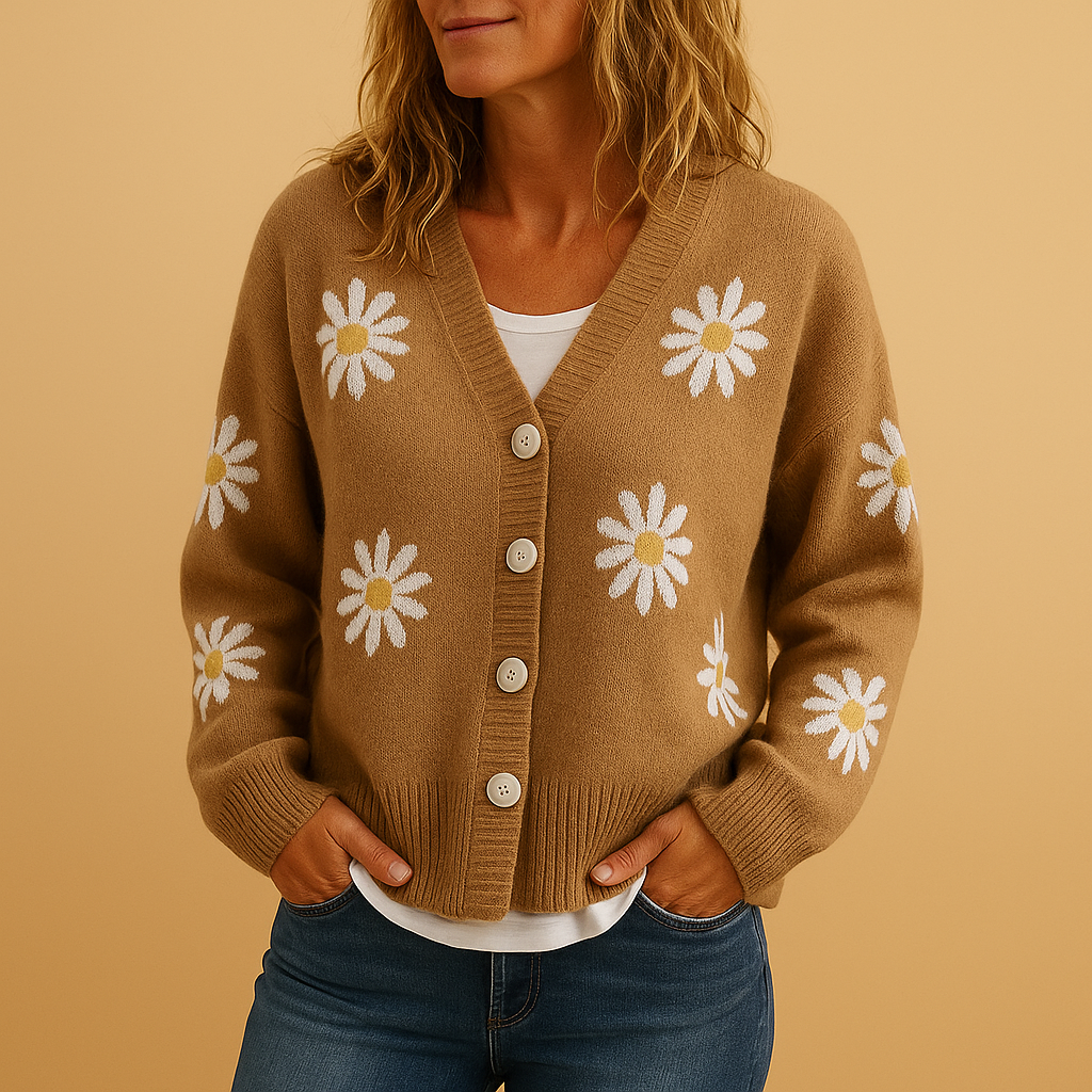 Nadine daisy print button-front knit cardigan in tan, front view