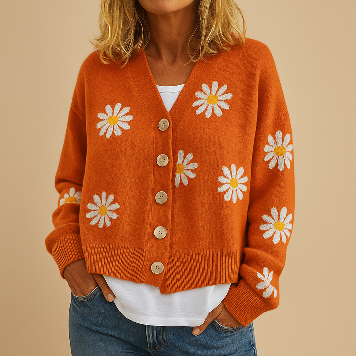 Nadine daisy print button-front knit cardigan in orange, front view