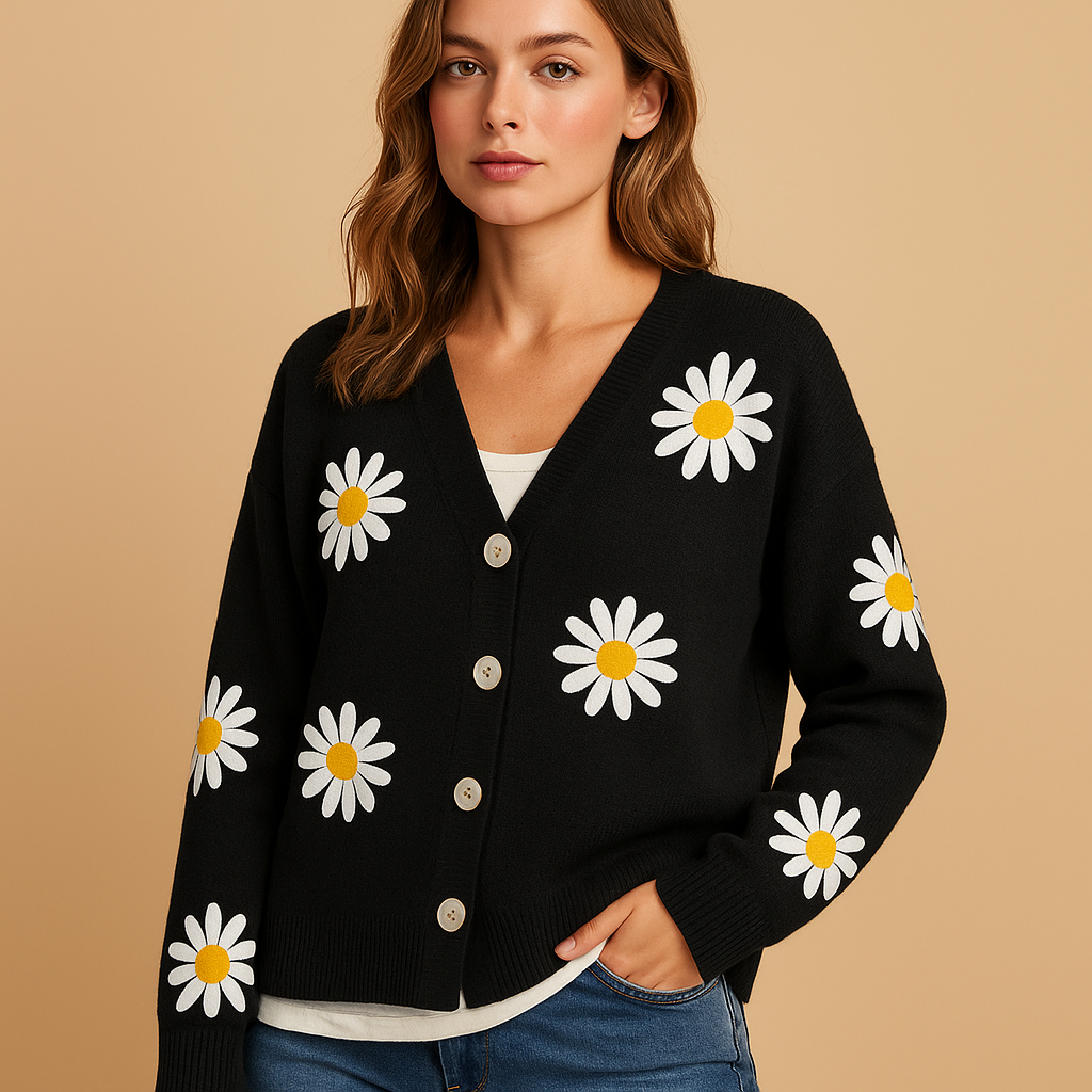 Nadine daisy print button-front knit cardigan in black, front view