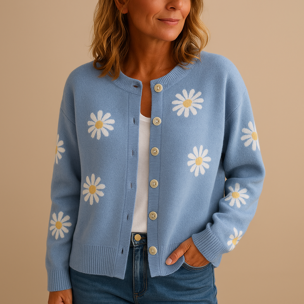 Nadine daisy print button-front knit cardigan in blue, front view