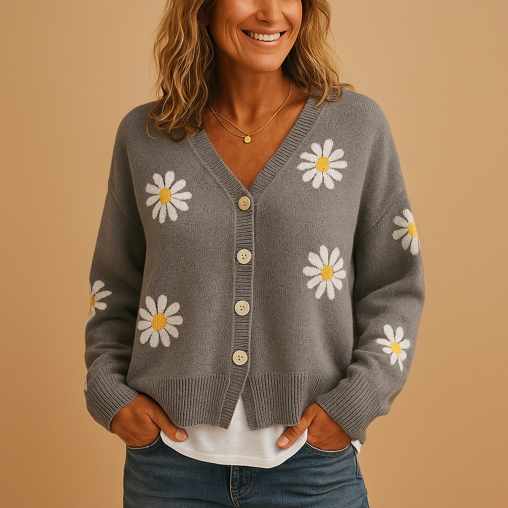 Nadine daisy print button-front knit cardigan in gray, front view