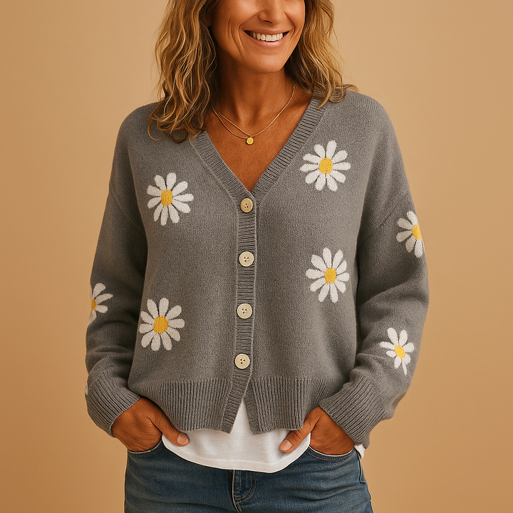 Nadine daisy print button-front knit cardigan in gray, front view