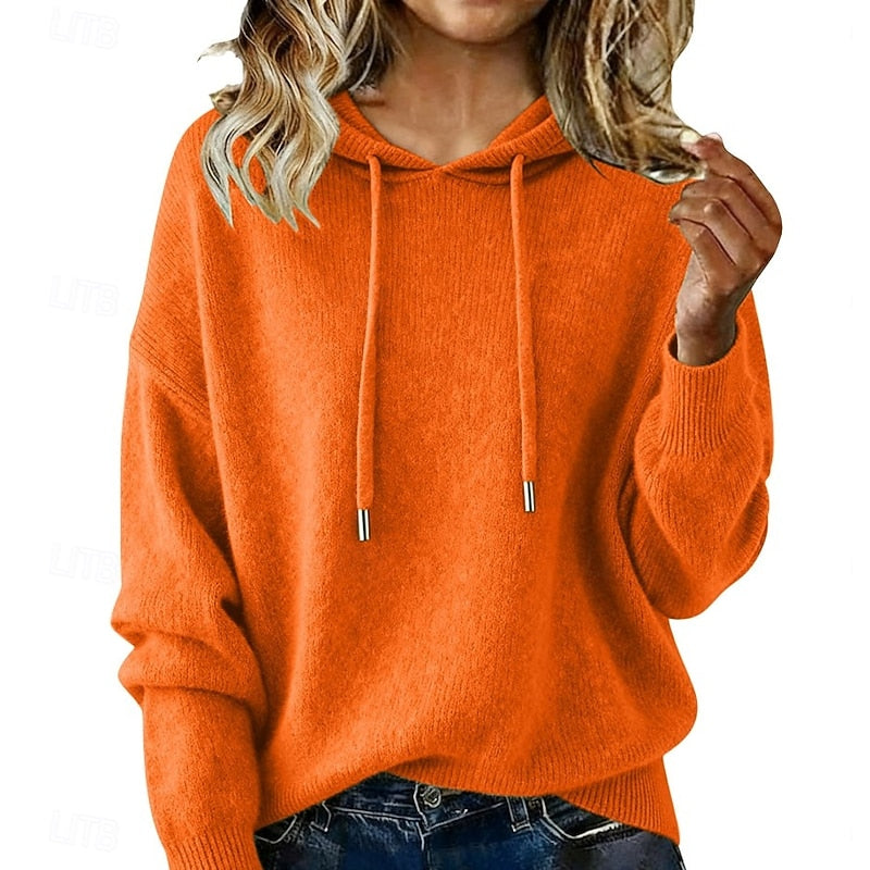 Nadine relaxed hooded knit sweater in orange, front view