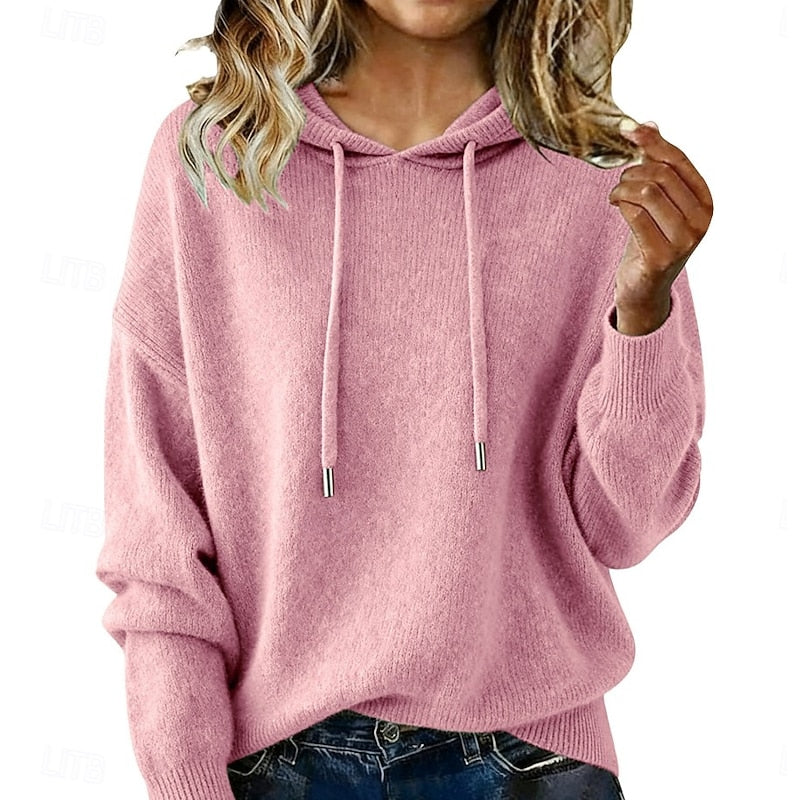 Nadine relaxed hooded knit sweater in pink, front view