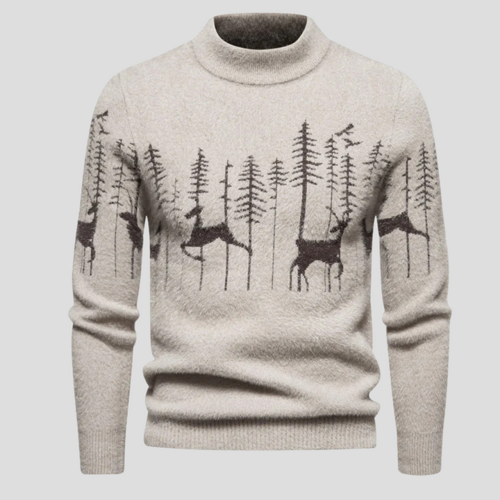 Nathaniel beige reindeer and forest print turtleneck sweater, front view