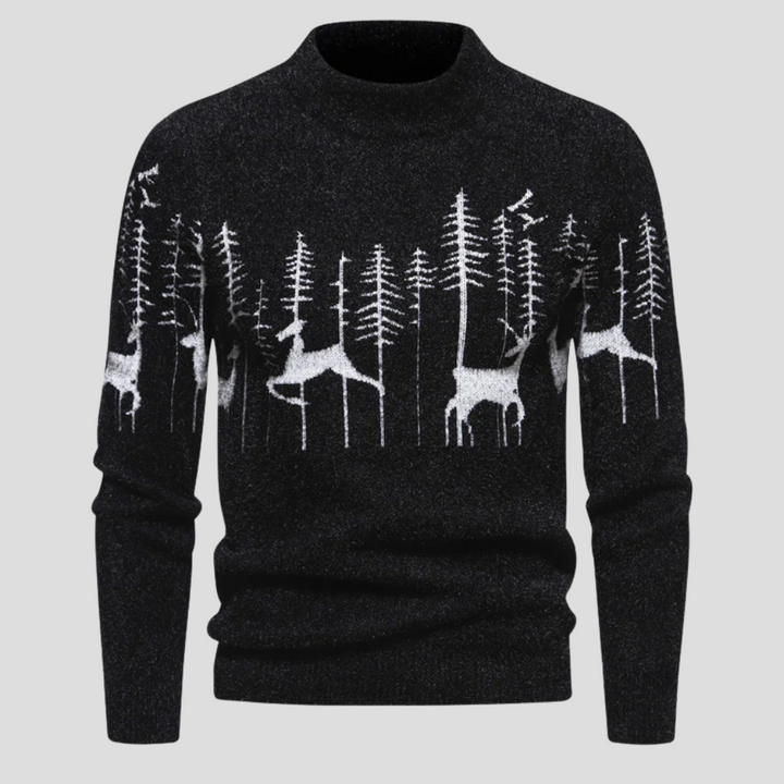 Nathaniel black reindeer and forest print turtleneck sweater, front view