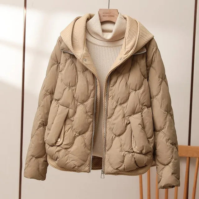 Nova hooded quilted puffer jacket in khaki, front view on hanger