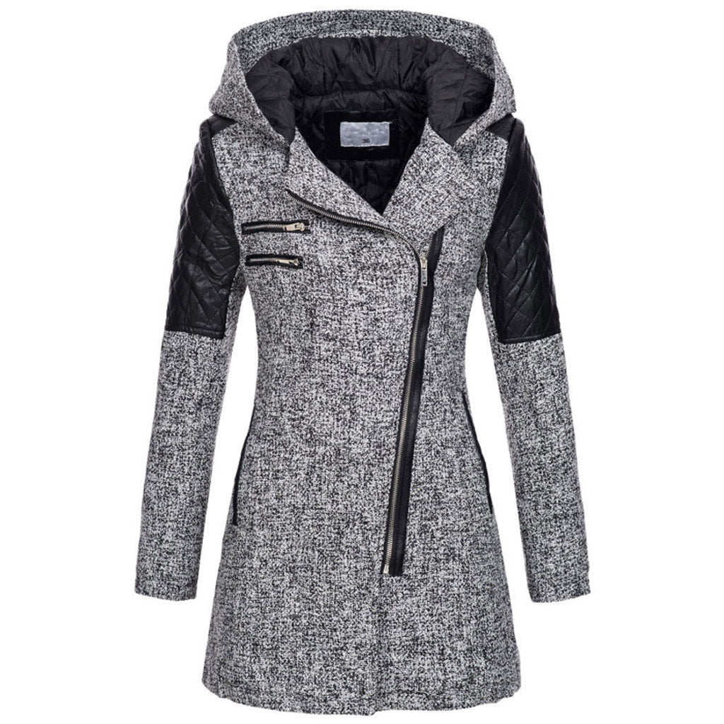 Odette hooded winter jacket in light gray with asymmetric zip, front view