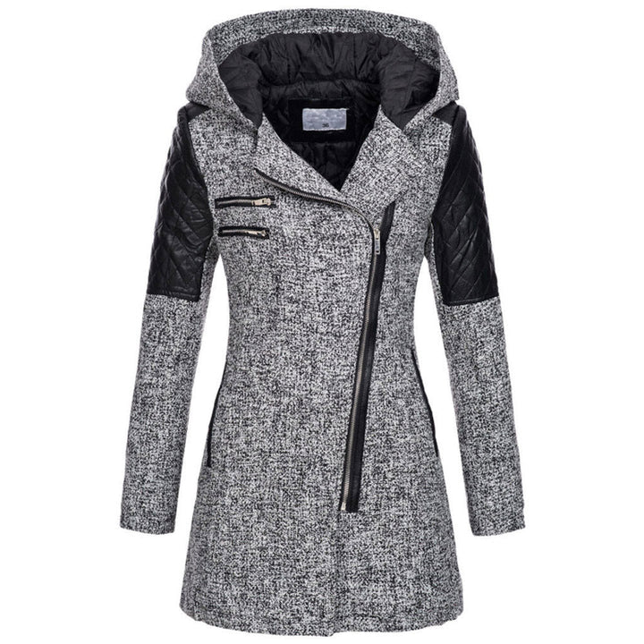 Odette hooded winter jacket in light gray with asymmetric zip, front view