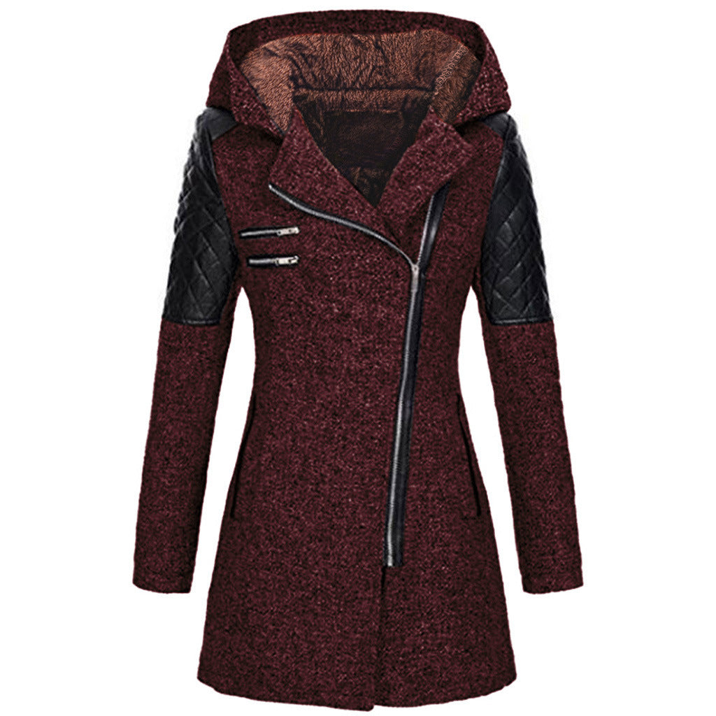 Odette hooded winter jacket in deep red with fleece-lined hood, front view
