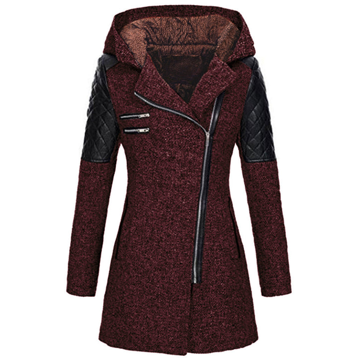 Odette hooded winter jacket in deep red with fleece-lined hood, front view