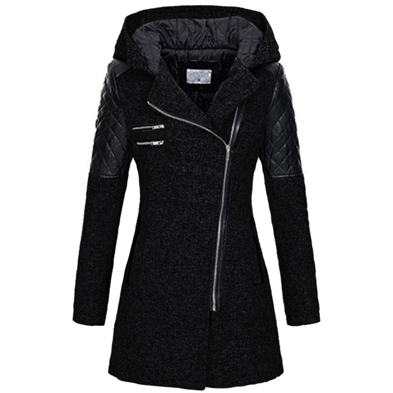 Odette hooded winter jacket in black with quilted sleeve panels, front view