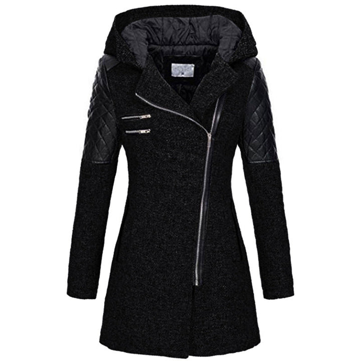 Odette hooded winter jacket in black with quilted sleeve panels, front view