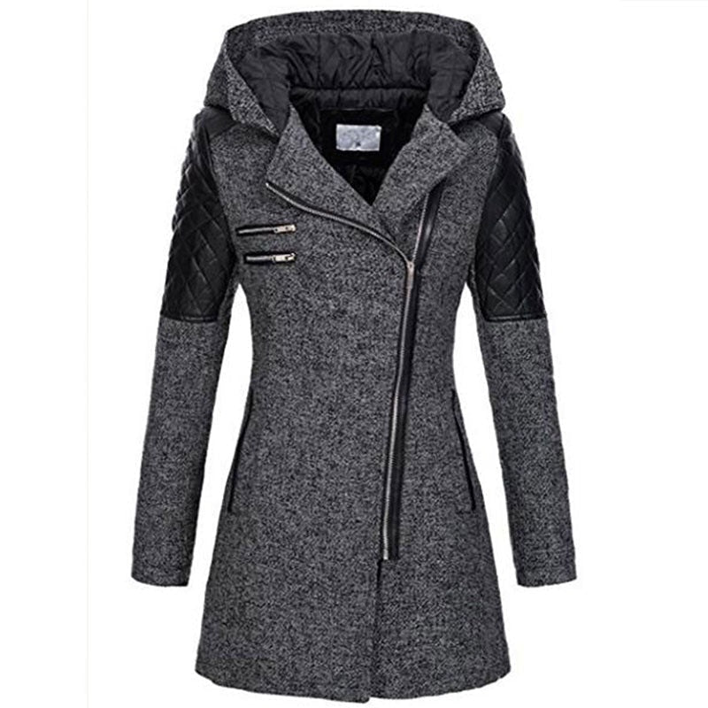Odette hooded winter jacket in dark gray with diagonal zip closure, front view