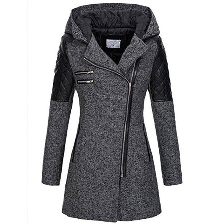 Odette hooded winter jacket in dark gray with diagonal zip closure, front view
