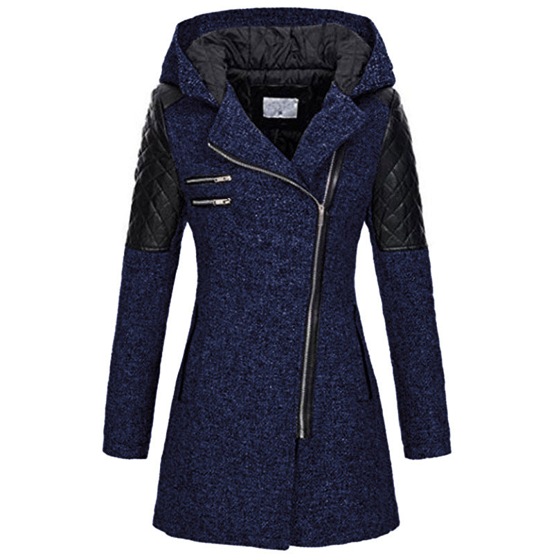 Odette hooded winter jacket in navy blue with quilted shoulder detail, front view