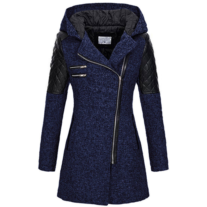 Odette hooded winter jacket in navy blue with quilted shoulder detail, front view