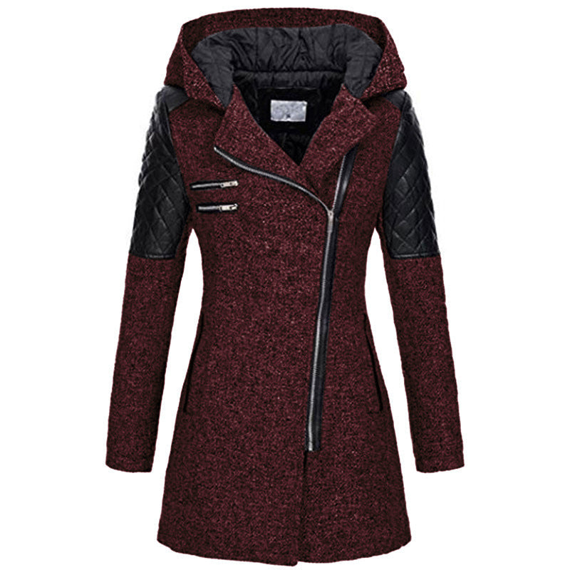 Odette hooded winter jacket in deep red with asymmetric zipper, front view