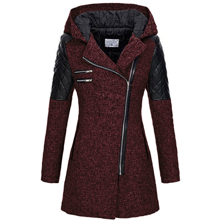 Odette hooded winter jacket in deep red with asymmetric zipper, front view