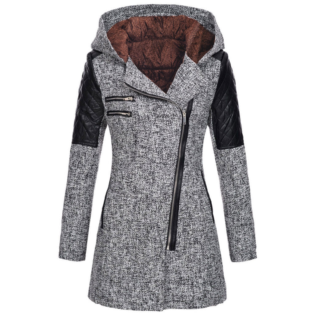 Odette hooded winter jacket in light gray with fleece-lined hood, front view