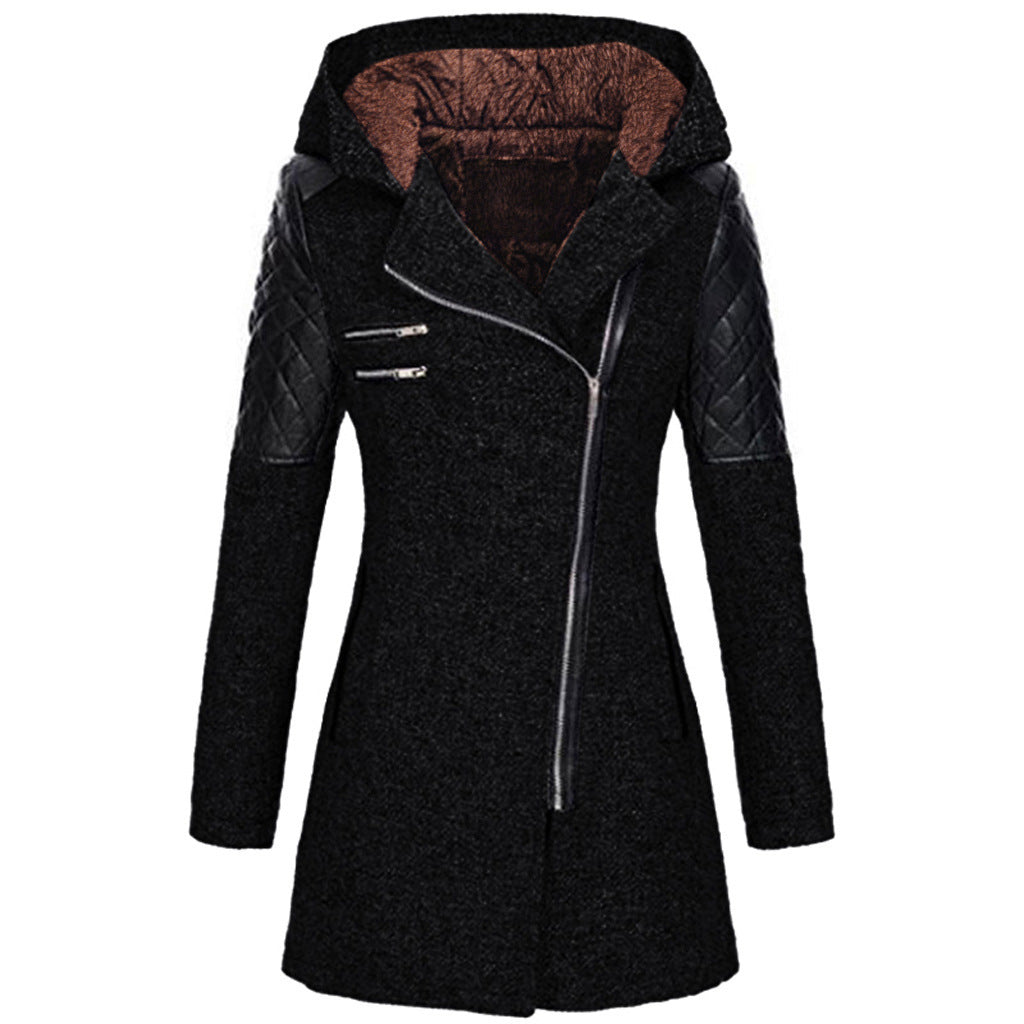 Odette hooded winter jacket in black with fleece-lined hood, front view