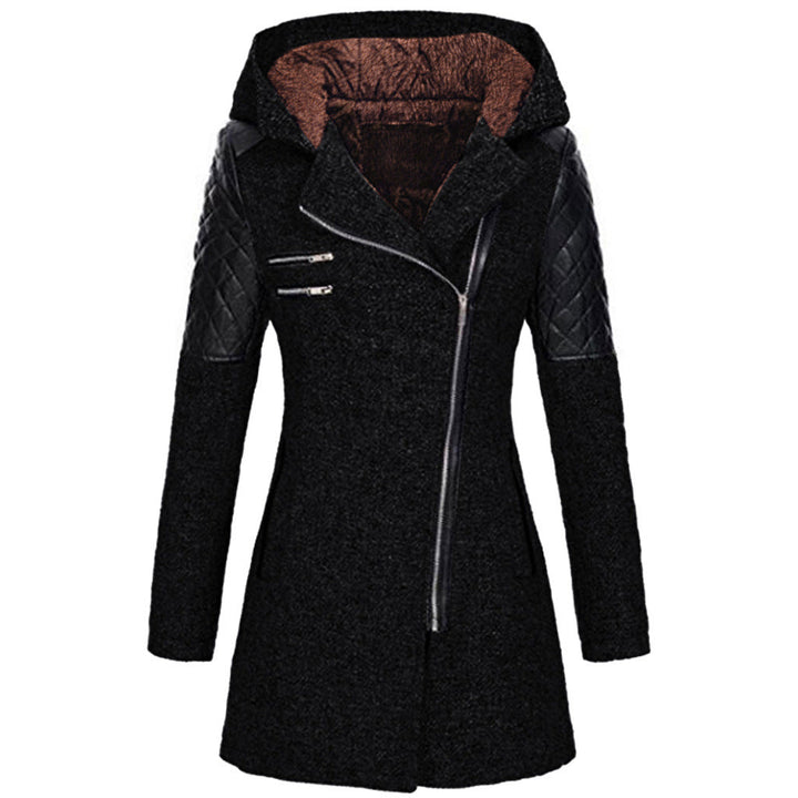Odette hooded winter jacket in black with fleece-lined hood, front view