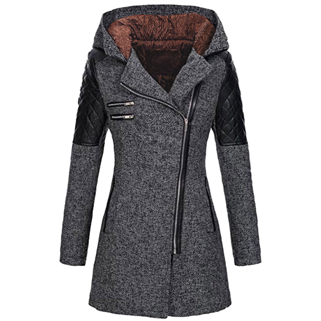 Odette hooded winter jacket in dark gray with fleece-lined hood, front view
