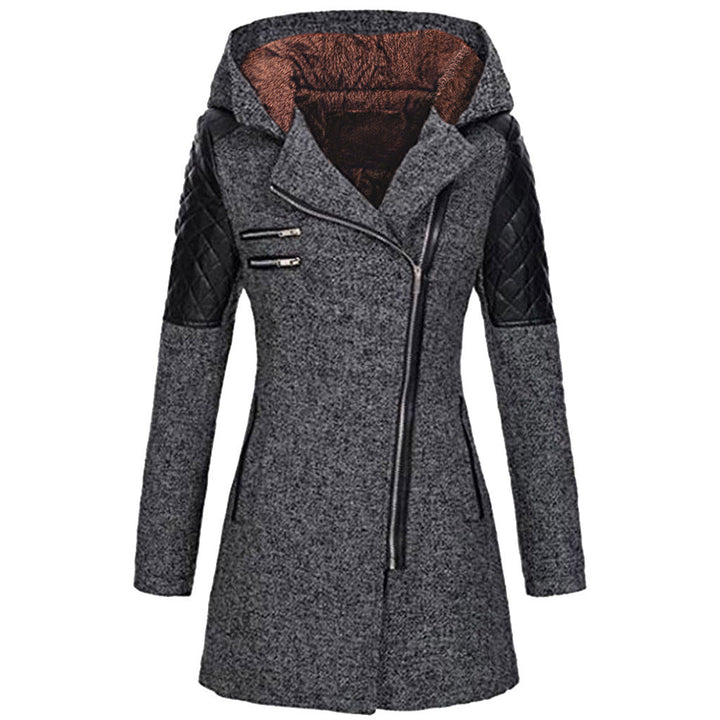 Odette hooded winter jacket in dark gray with fleece-lined hood, front view