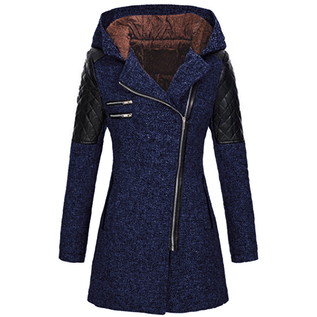 Odette hooded winter jacket in navy blue with fleece-lined hood, front view