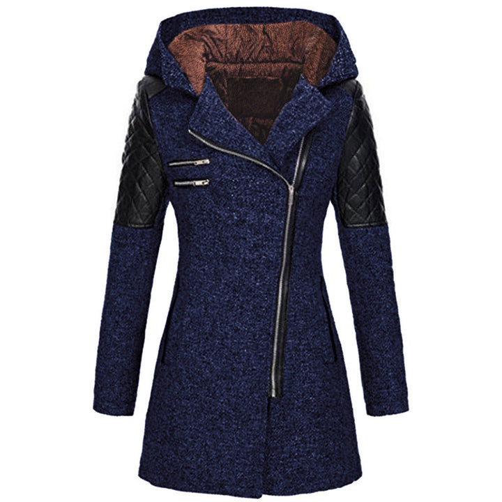 Odette hooded winter jacket in navy blue with fleece-lined hood, front view
