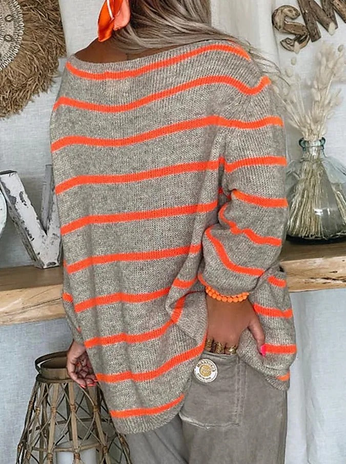 Odette striped oversized sweater back view with front pocket detail