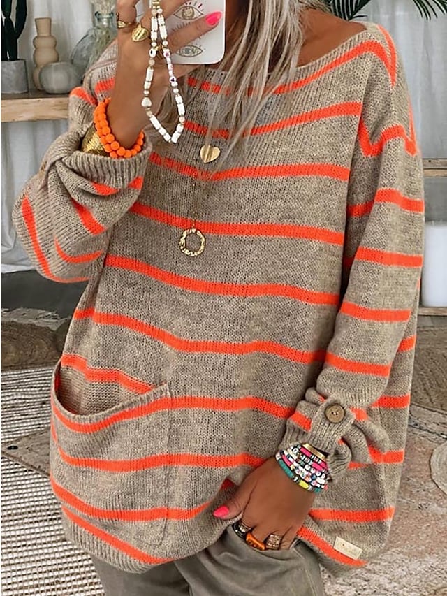 Odette striped pullover sweater close-up worn with layered jewelry