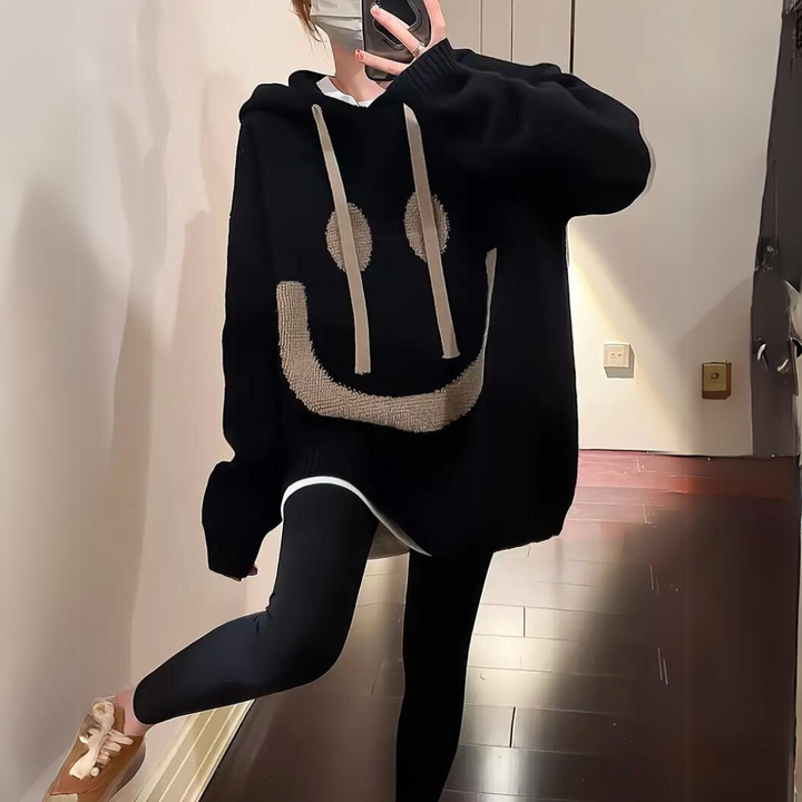 Ophelia oversized smiley print hoodie in black, front view