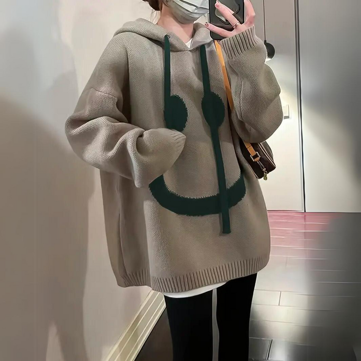 Ophelia oversized smiley print hoodie in khaki, side angle view