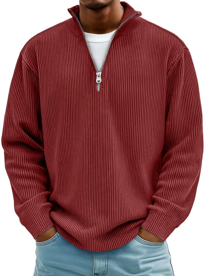 Owen ribbed quarter-zip mock neck sweater in red, front view