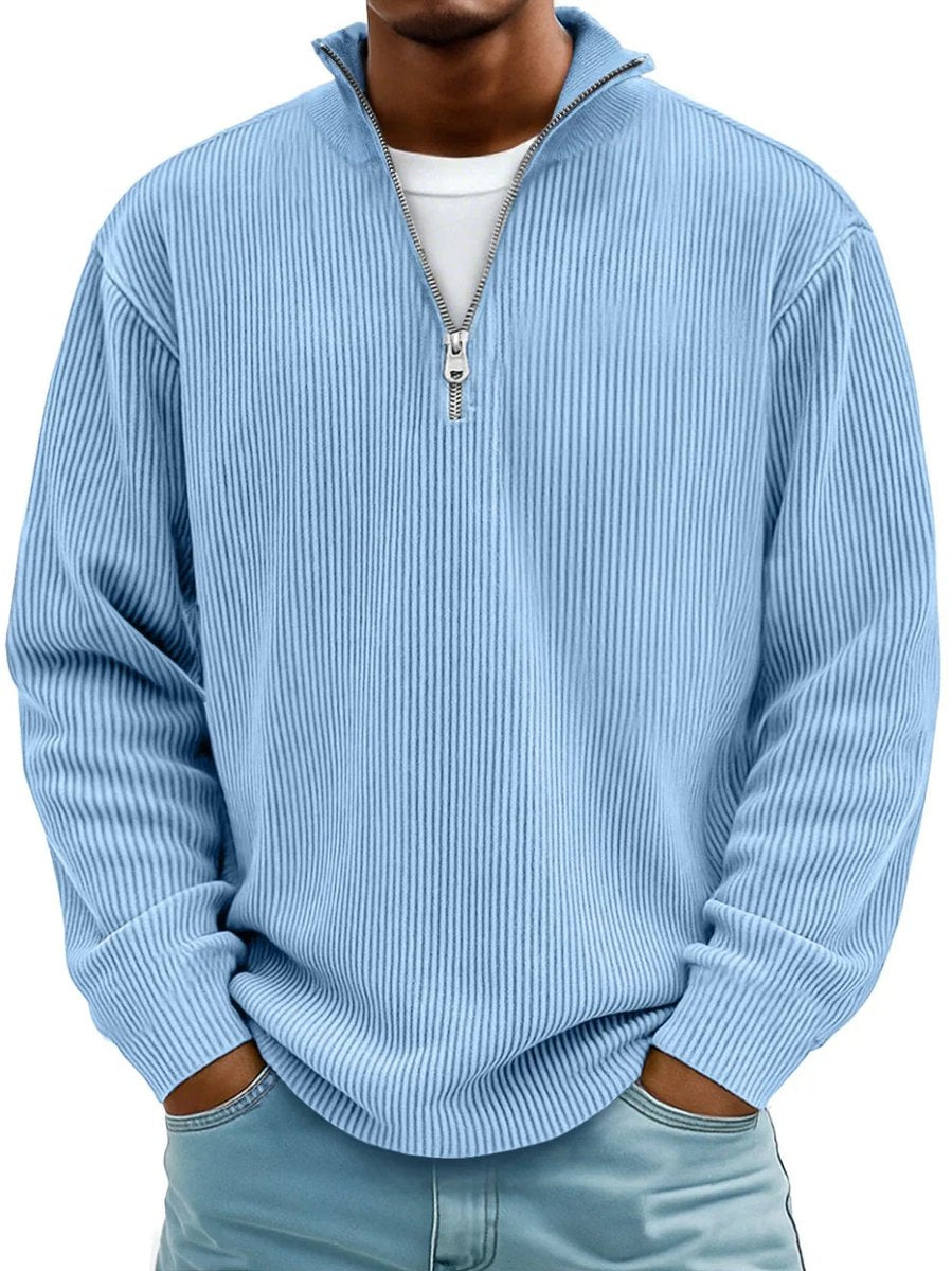 Owen ribbed quarter-zip mock neck sweater in light blue, front view