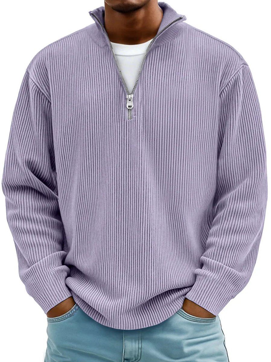 Owen ribbed quarter-zip mock neck sweater in lavender, front view