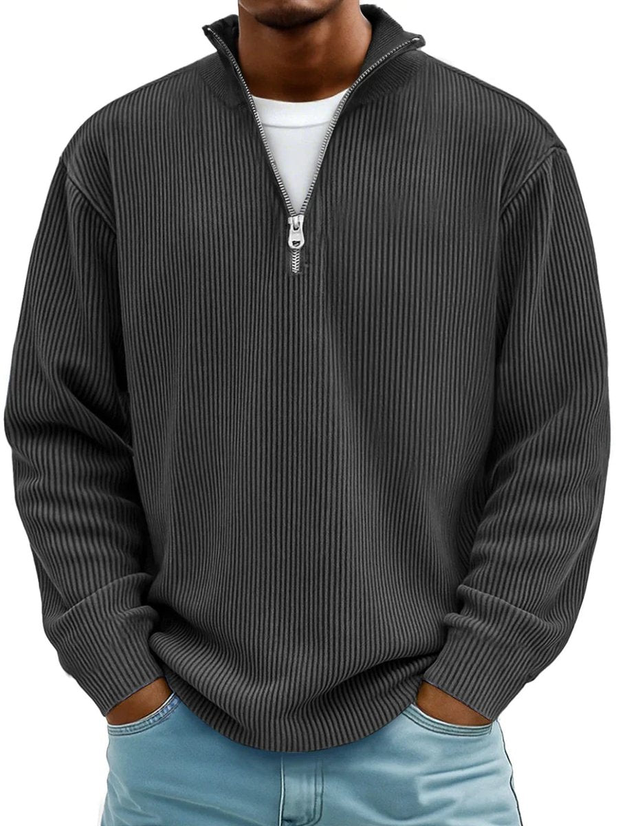 Owen ribbed quarter-zip mock neck sweater in charcoal, front view
