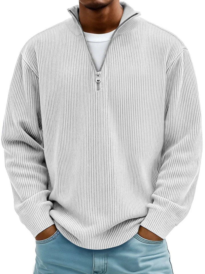 Owen ribbed quarter-zip mock neck sweater in charcoal, front view