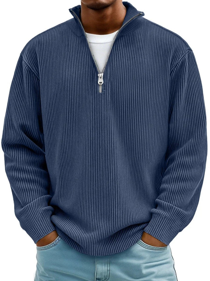 Owen ribbed quarter-zip mock neck sweater in charcoal, front view