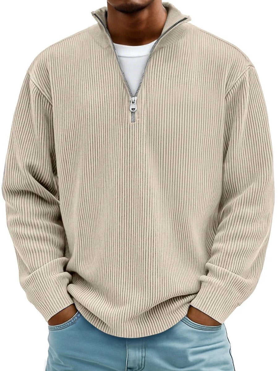 Owen ribbed quarter-zip mock neck sweater in charcoal, front view