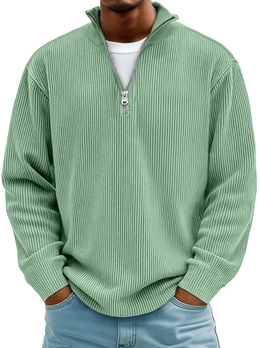 Owen ribbed quarter-zip mock neck sweater in charcoal, front view
