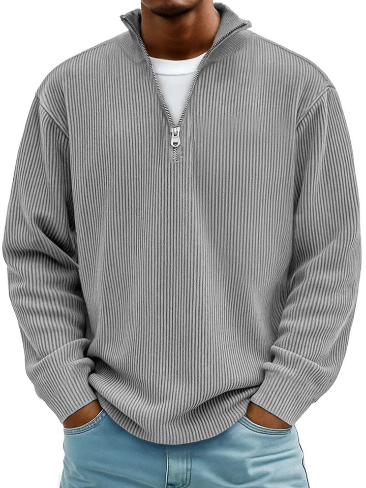 Owen ribbed quarter-zip mock neck sweater in charcoal, front view